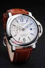 Panerai replica luminor marina GMT white dial strip leather orologio copia imitazione 4us380 - immagine 3