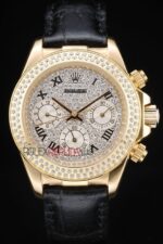 Rolex replica daytona oro giallo SARU full brillantini strip leather orologio replica copia imitazione 4us475 - immagine 3