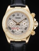 Rolex replica daytona oro giallo SARU full brillantini strip leather orologio replica copia imitazione 4us475