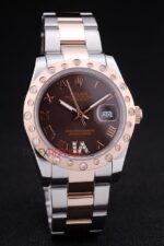 Rolex replica datejust acciaio oro brown brillantini bezel oyster orologio replica copia imitazione 4us487 - immagine 4