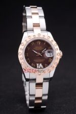 Rolex replica datejust acciaio oro lady brown brillantini bezel oyster orologio replica copia imitazione 4us491 - immagine 4