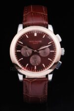 Patek Philippe replica chrono rose gold brown strip leather orologio replica copia 4us597 - immagine 3
