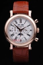 Patek Philippe replica chrono rose gold strip leather brown orologio replica copia 4us603 - immagine 3
