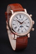 Patek Philippe replica chrono rose gold strip leather brown orologio replica copia 4us603 - immagine 4